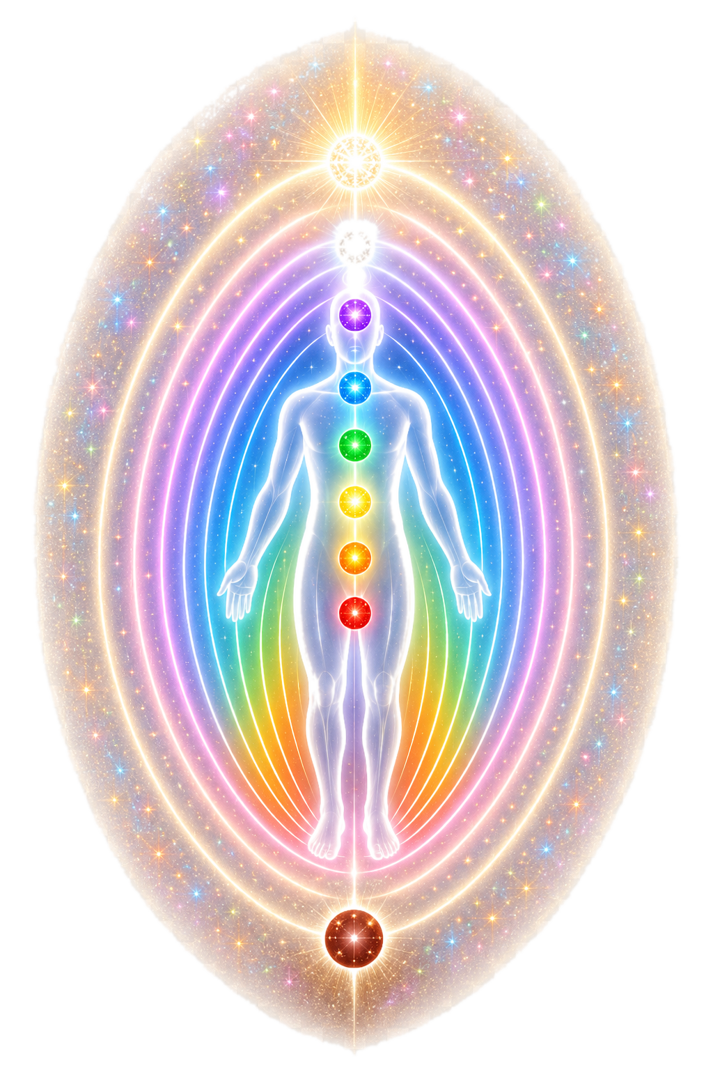 Campo energético — silueta humana con 9 chakras y capas áuricas